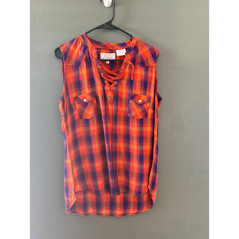 Panhandle Slim Womens Orange Purple Plaid Lace Up Western Sleeveless Top Medium